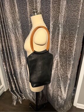FRYE: Black Leather Tote Bag with Tan Wooden Handles (& purse bag)
